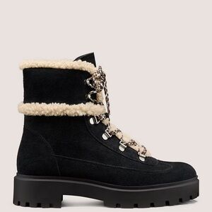 Stuart Weitzman Black and Cream Shearling Lace-Up Boots